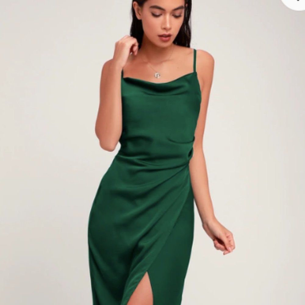 Lulu's Hollywood Woman Forest Green Satin Midi Dress